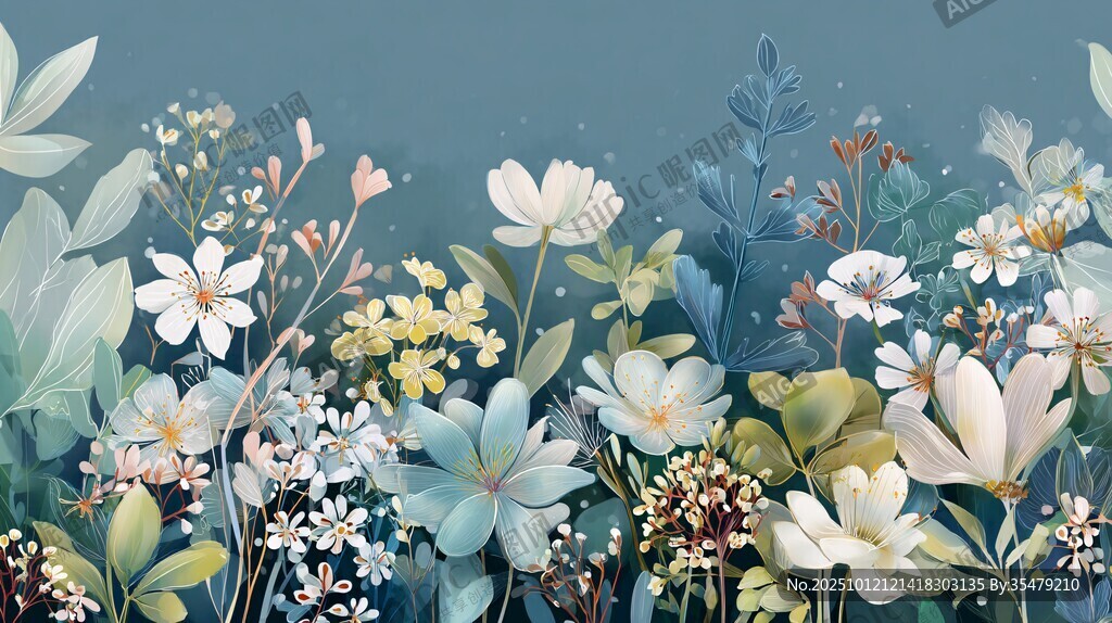 清新蓝调花卉植物插画