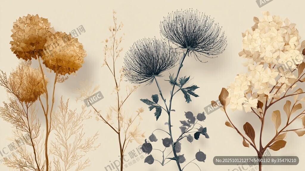 复古风干花植物艺术插画
