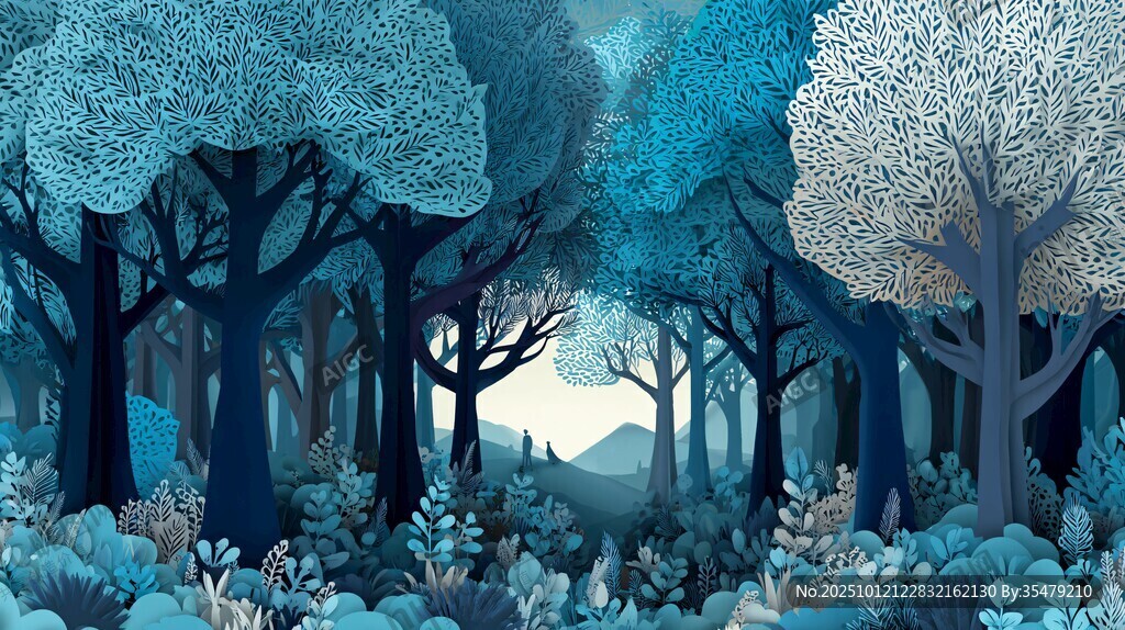 梦幻蓝调森林插画