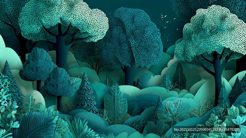 梦幻蓝绿森林插画景观
