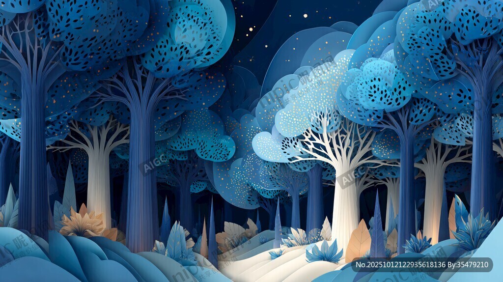 梦幻蓝调森林夜景插画