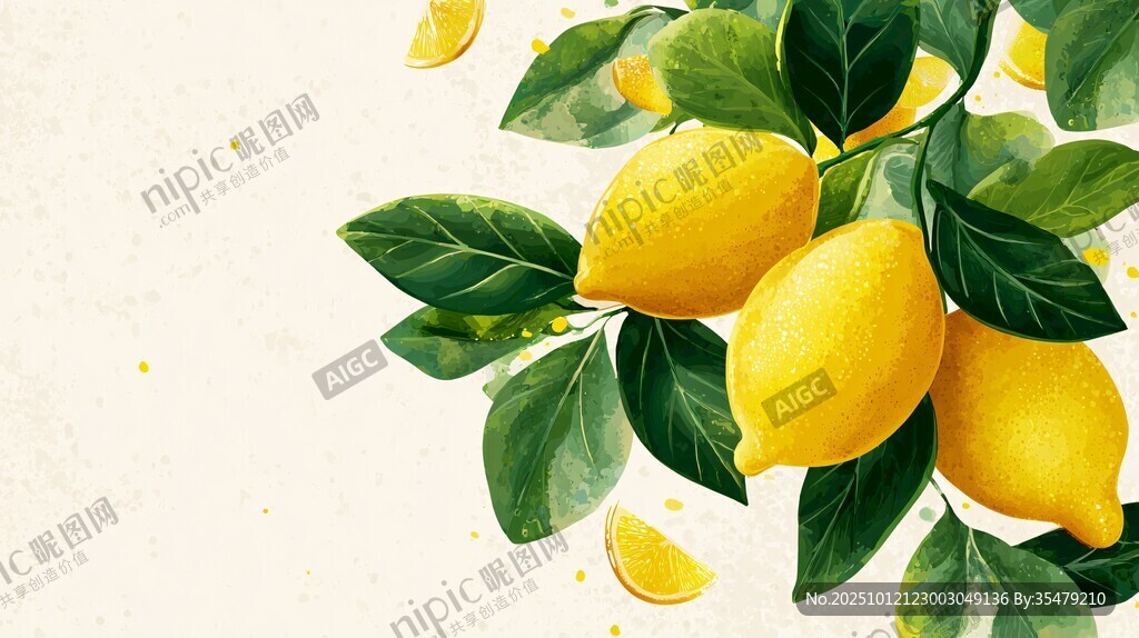 鲜黄柠檬与翠绿叶片组合