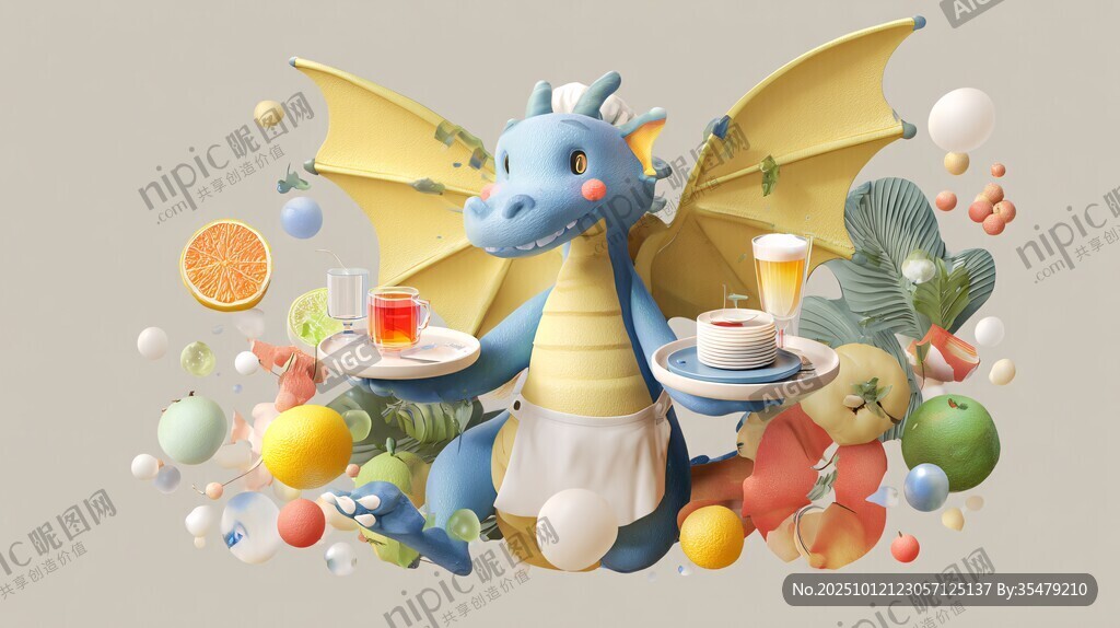 小龙服务员端美食饮品