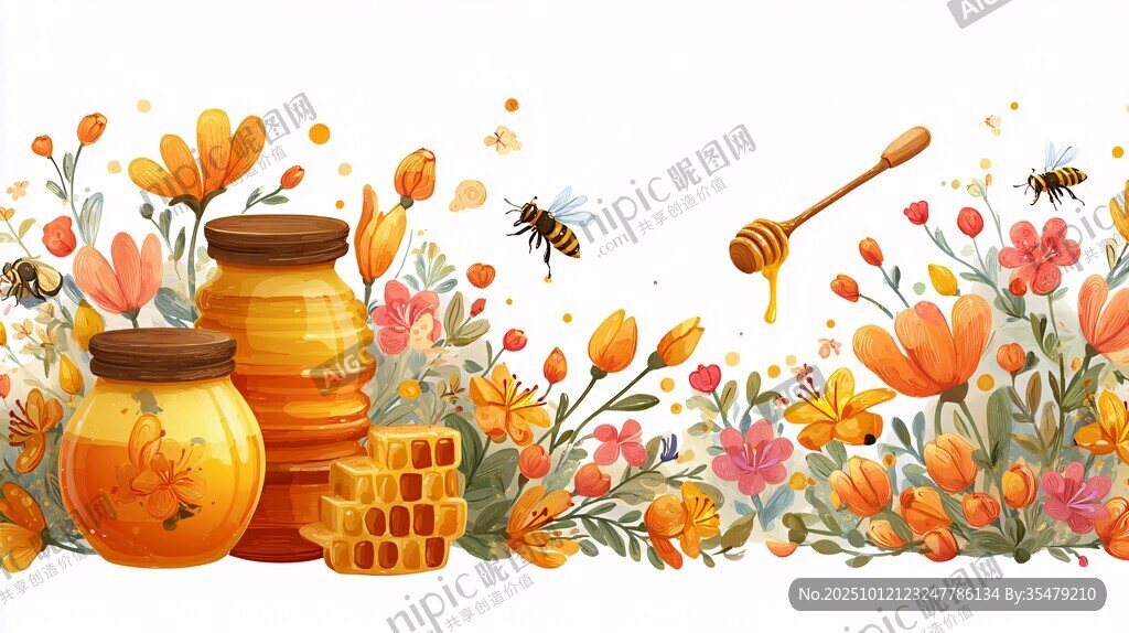 蜂蜜与花卉的甜蜜插画