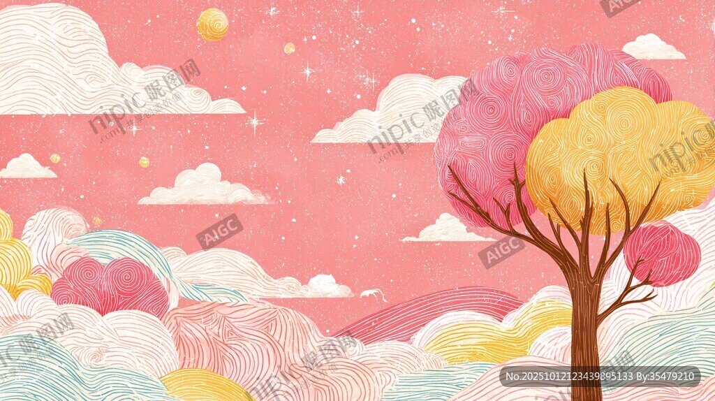 梦幻粉色天空下的浪漫树景