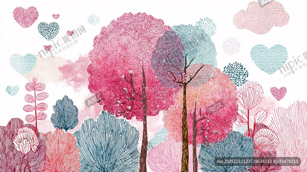 梦幻粉色森林浪漫插画
