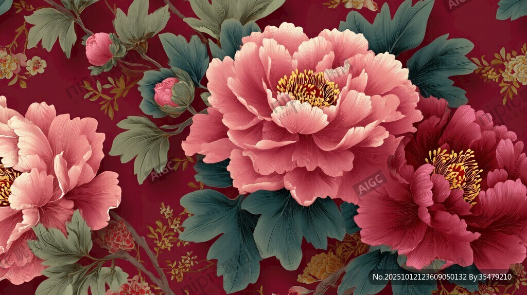 中式牡丹繁花锦簇图案