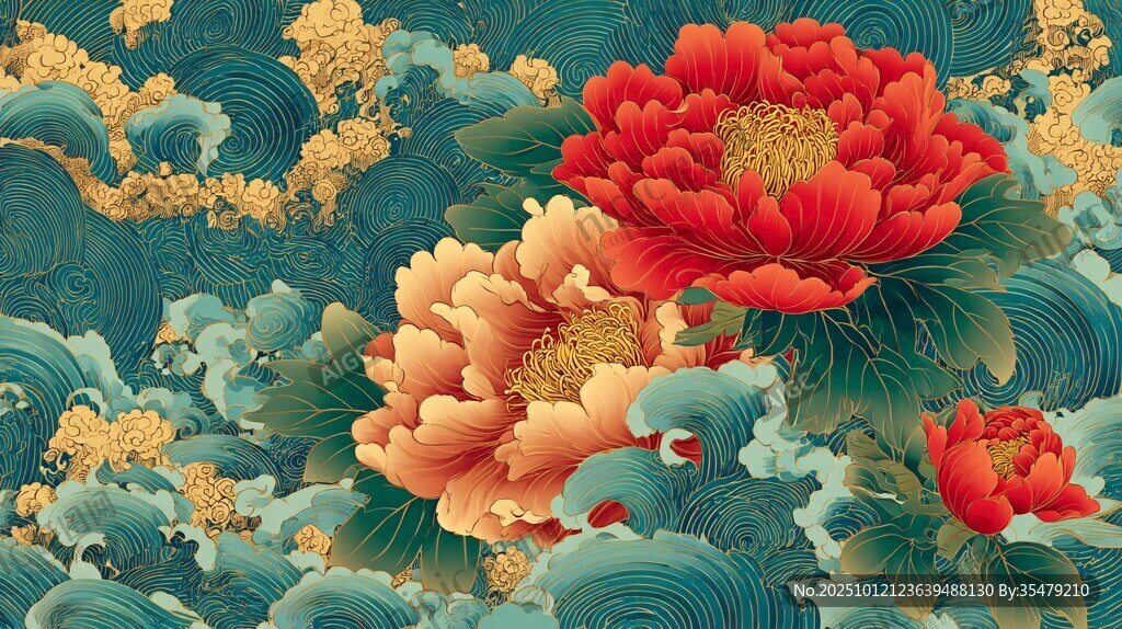 牡丹绽于海浪中式画卷