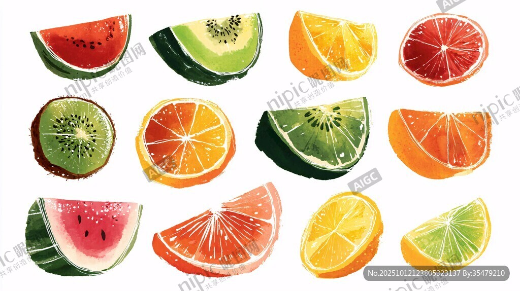 多彩水果切片水彩插画