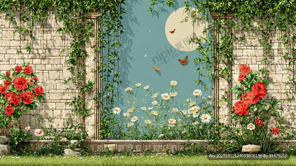 梦幻花园中的窗景与月色
