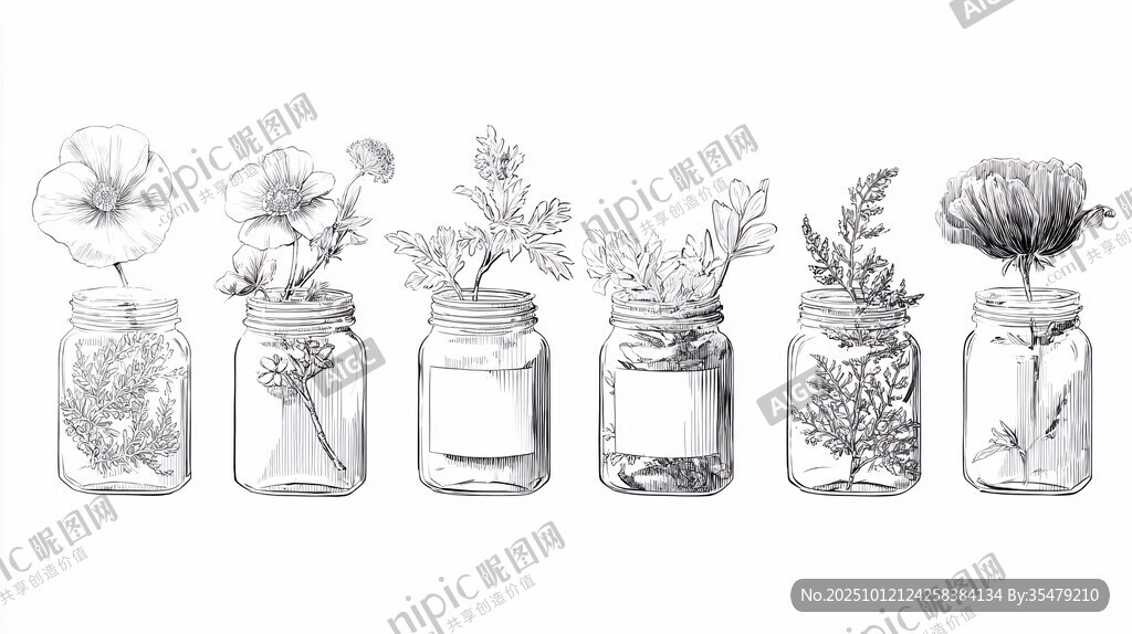 手绘罐中花草插画