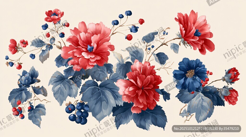 红蓝花卉水彩插画图案