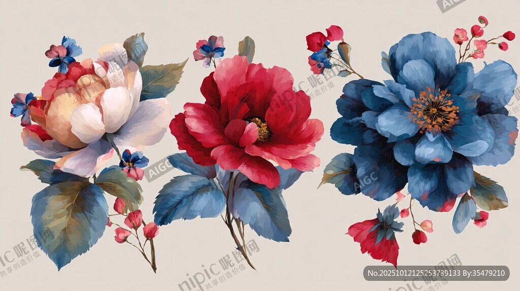 三朵绚丽花卉插画图案
