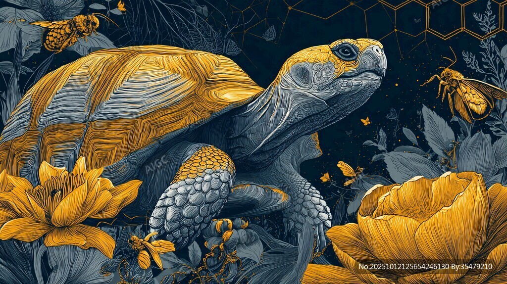 龟行花海间的奇幻自然图景