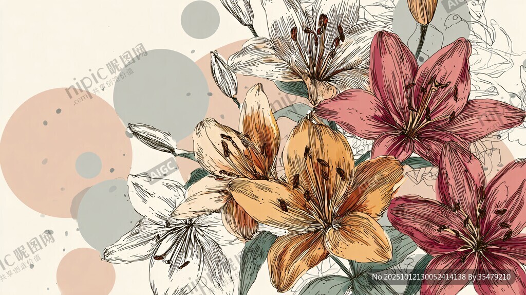 手绘多彩百合花插画