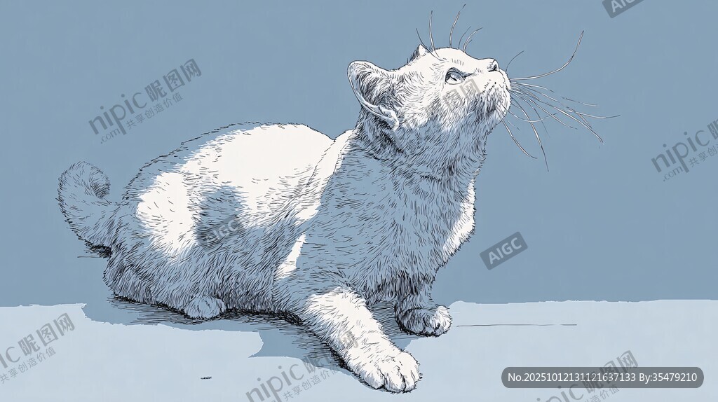 仰头的猫咪素描图