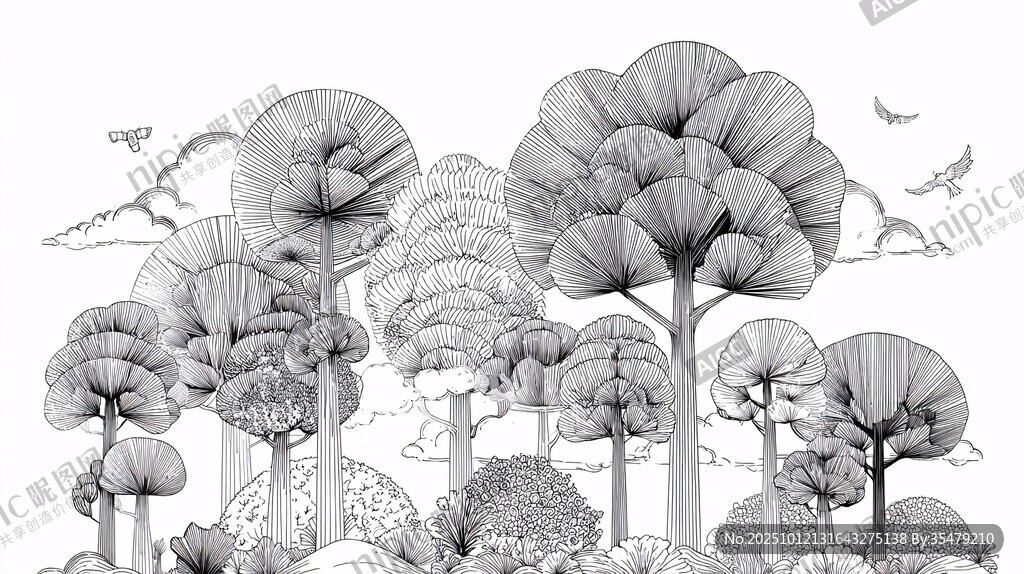 黑白森林插画中的自然景致