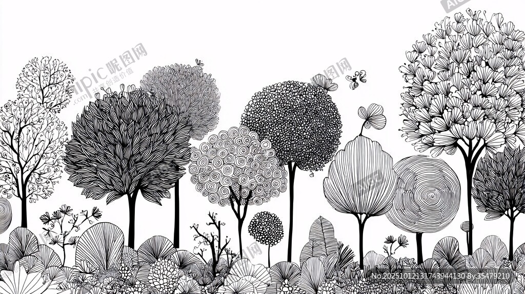 黑白森林树木花卉插画
