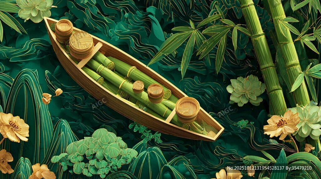 竹舟浮翠湖 绿意悠然景