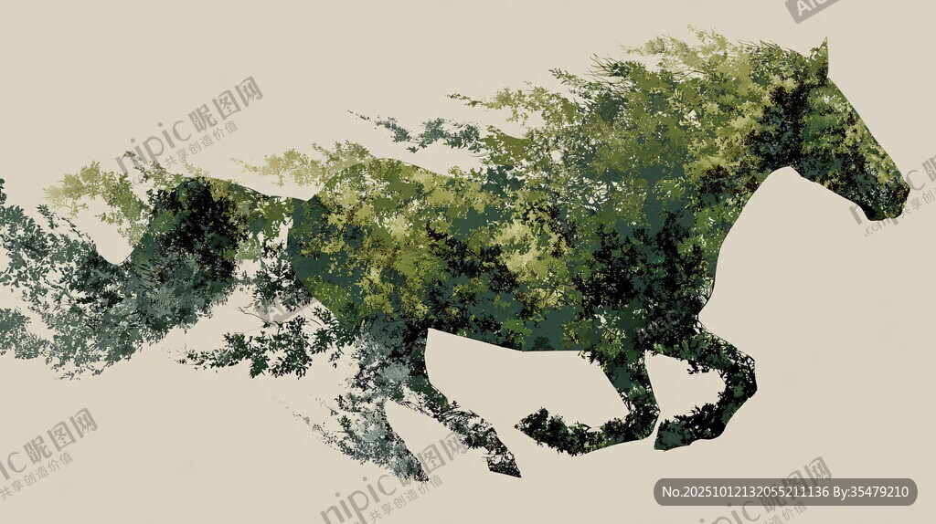 奔跑的绿植骏马艺术图像