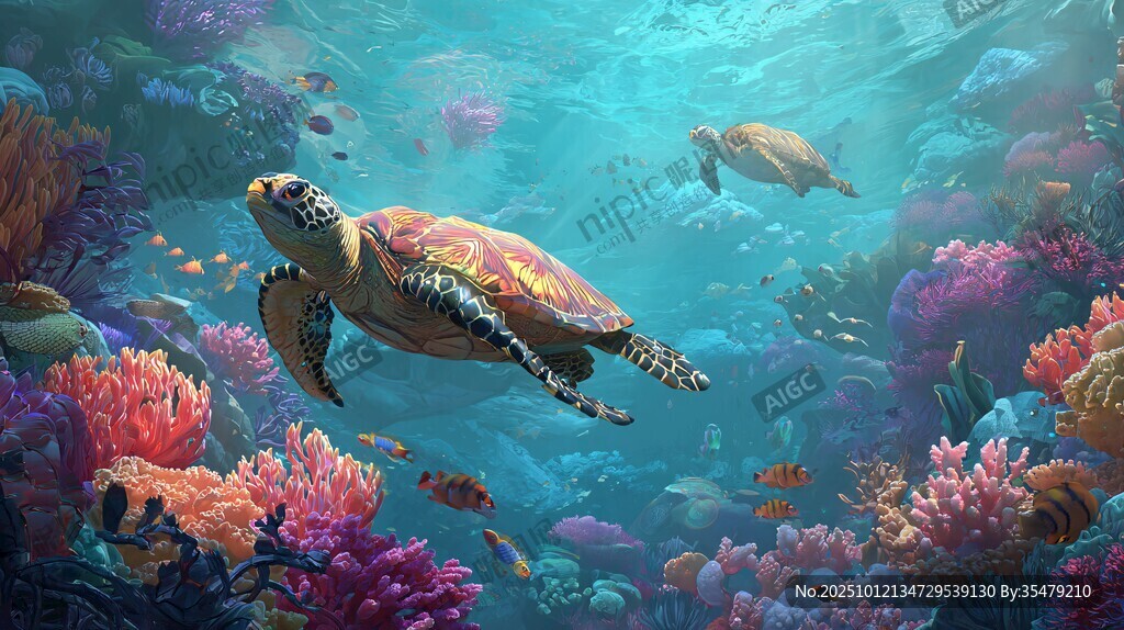 海龟畅游缤纷海底世界