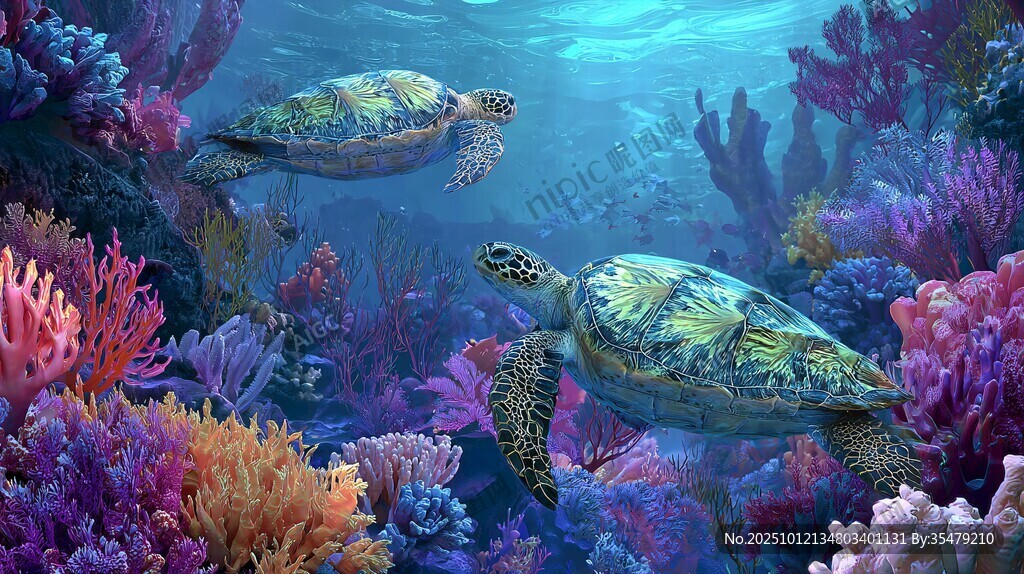 双海龟畅游缤纷海底世界