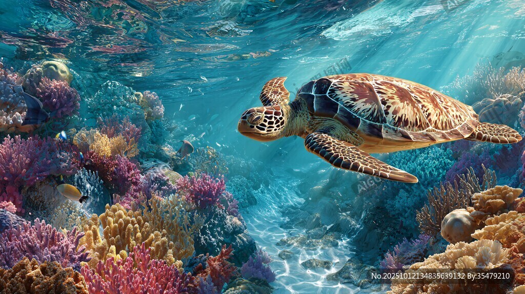海龟悠游于绚烂海底世界