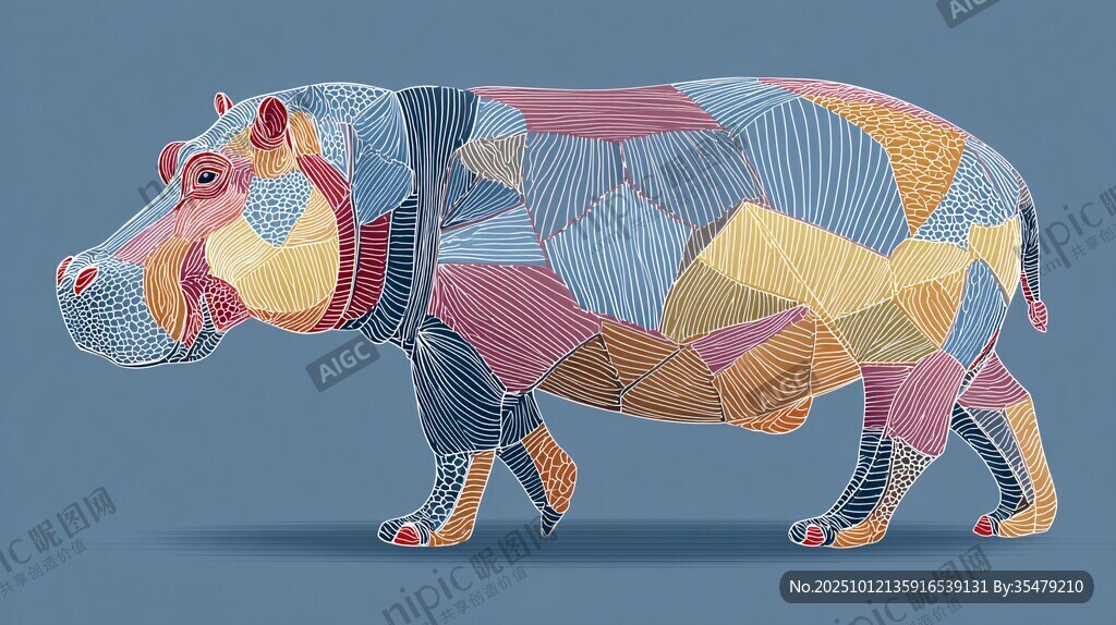 彩色几何拼接风格河马插画
