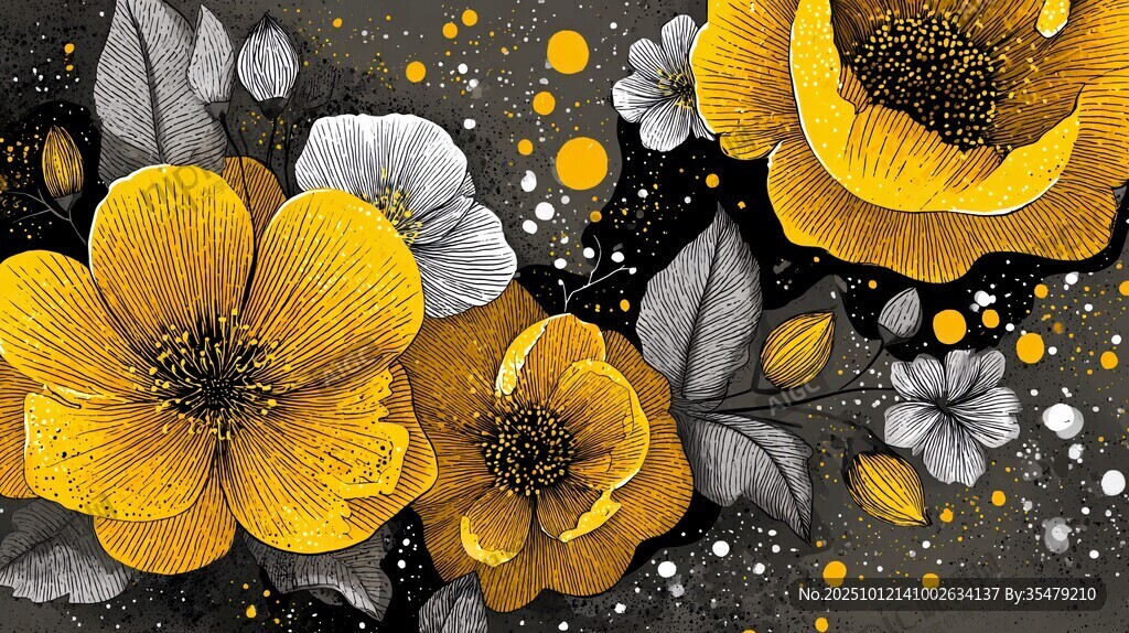 黄色花卉抽象艺术插画
