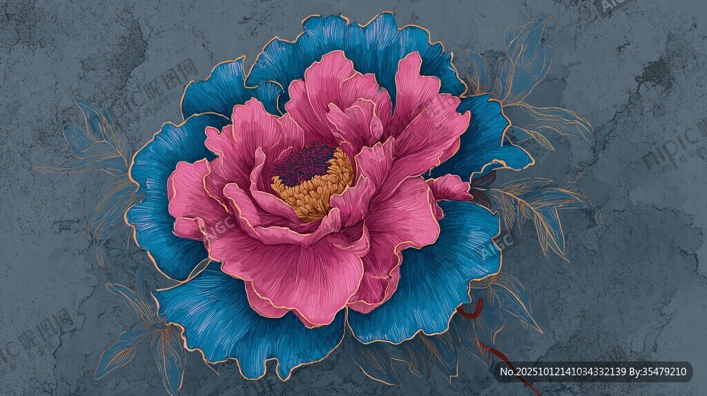蓝粉牡丹花卉艺术插画