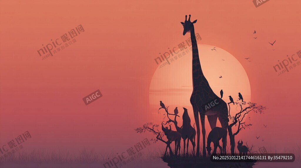 夕阳下的长颈鹿与动物群像