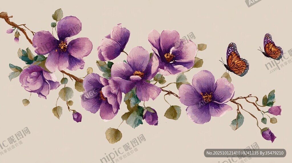 紫花蝴蝶装饰画精美图案