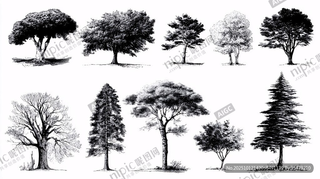 多样树木黑白手绘插画