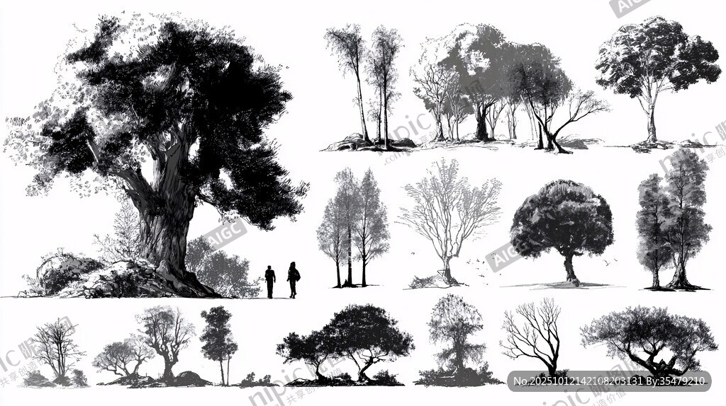 黑白树木景观插画集合