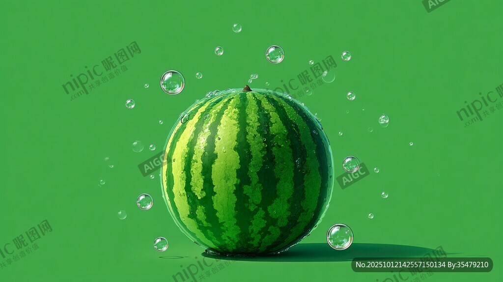 绿色西瓜与漂浮气泡画面