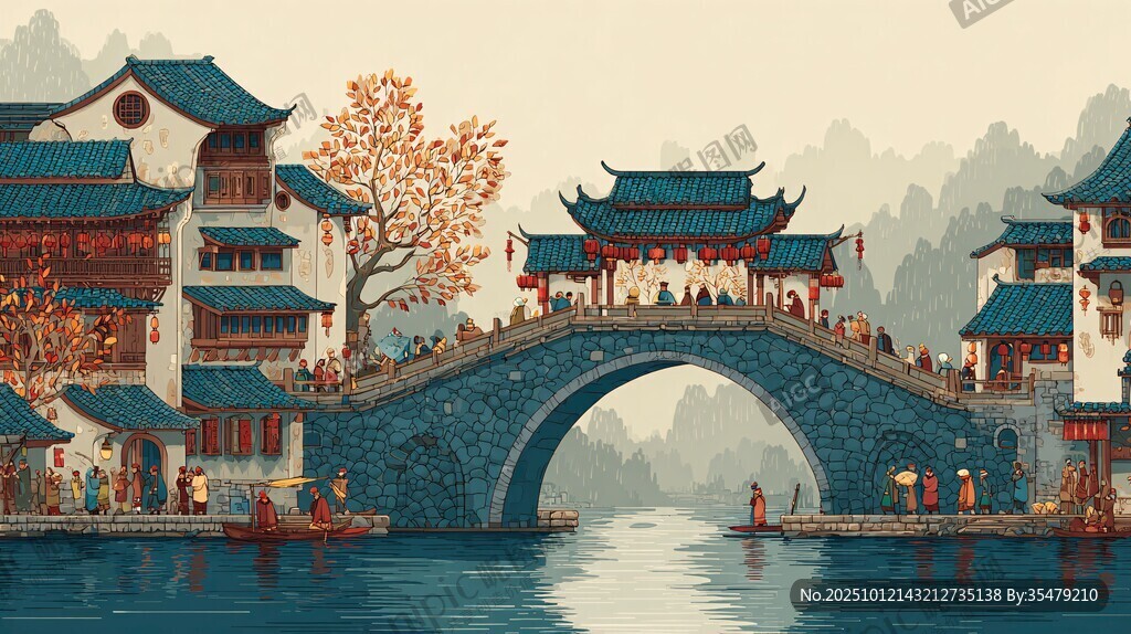 江南古桥水乡美景如画