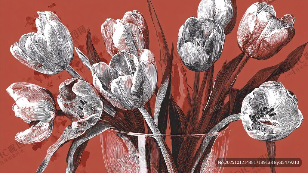 复古风插画郁金香花瓶