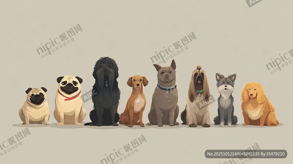 一排可爱的卡通宠物犬