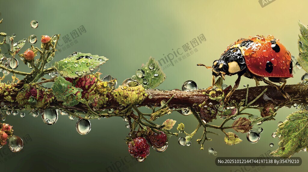 露珠上的瓢虫与浆果