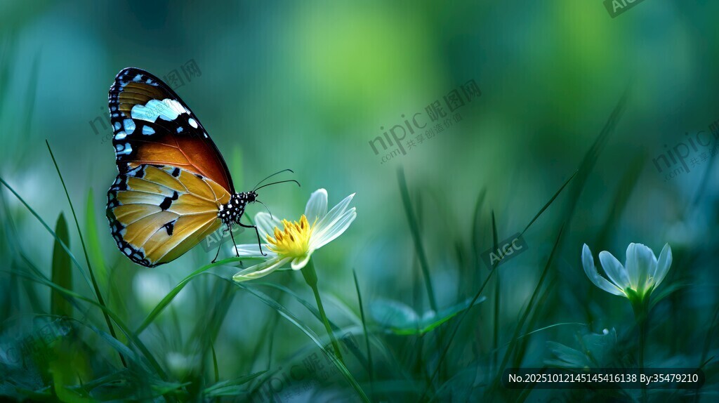 蝶栖小花间 绿意盎然景