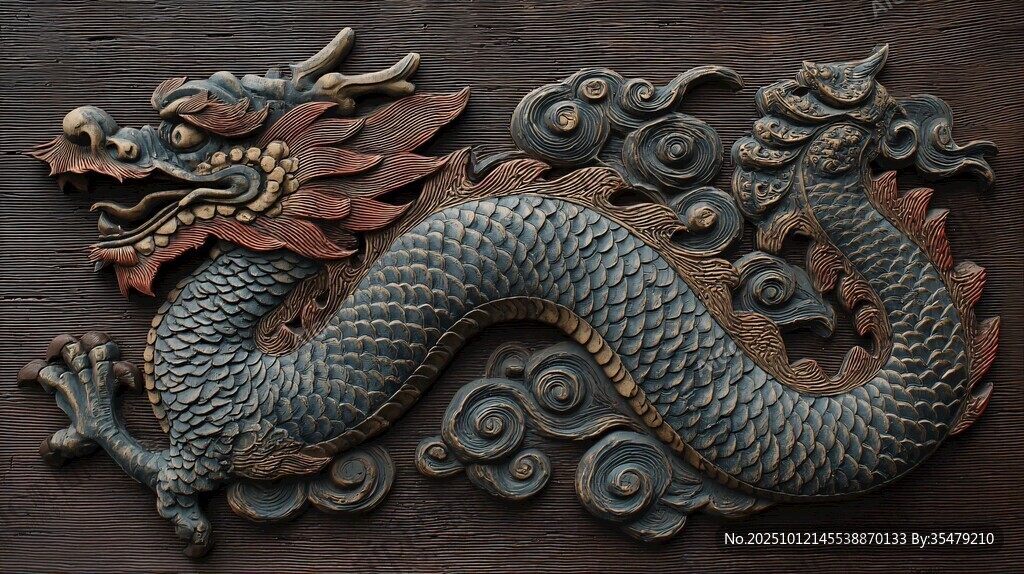 中式龙纹木雕装饰摆件