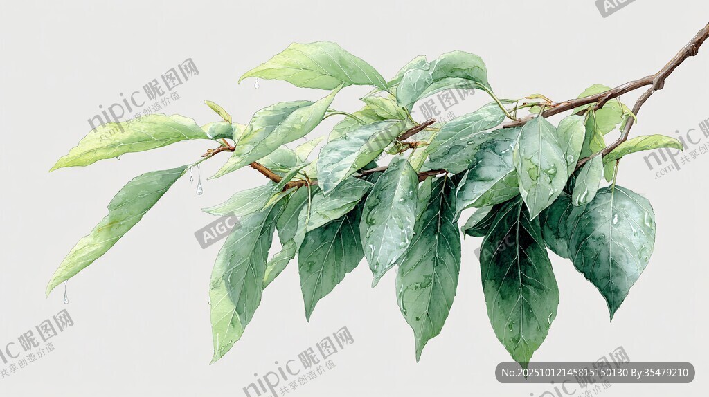 水彩绘绿叶枝桠