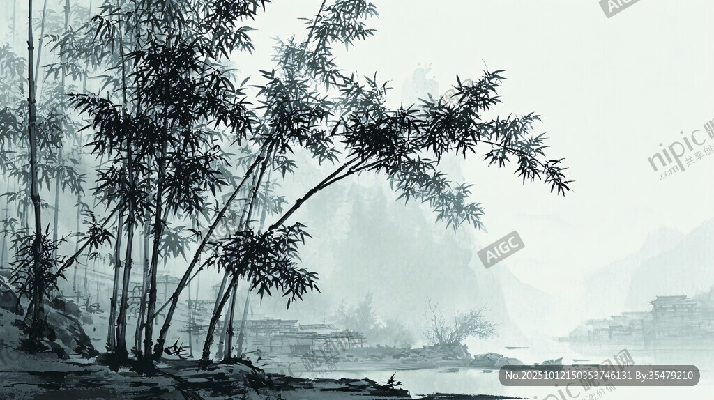 水墨竹林江畔清幽景致