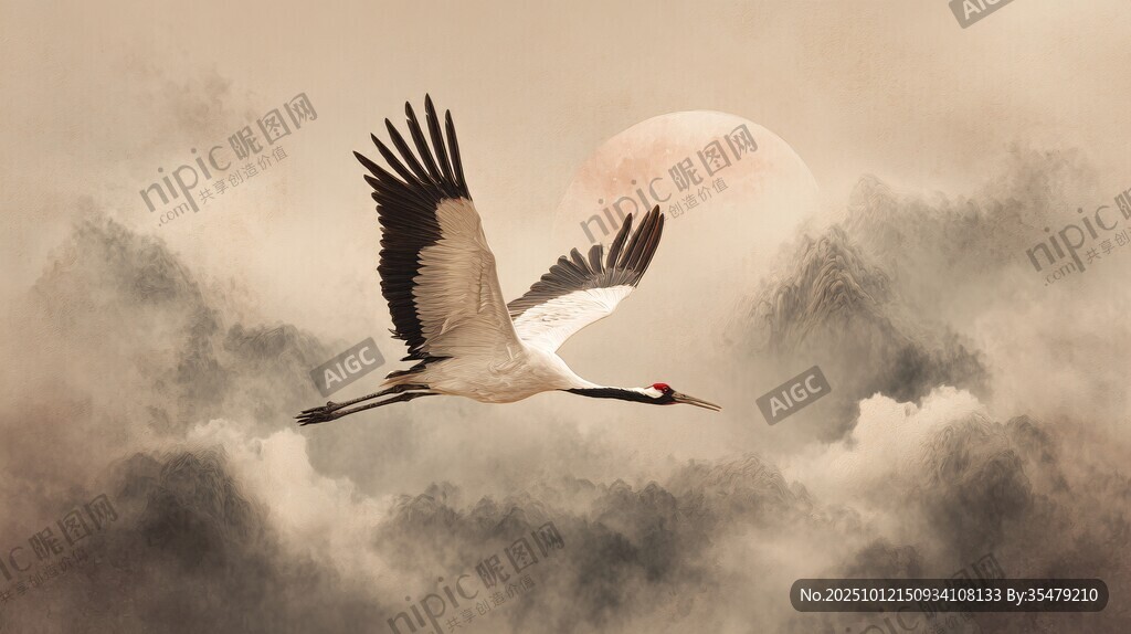 丹顶鹤云海间展翅迎月