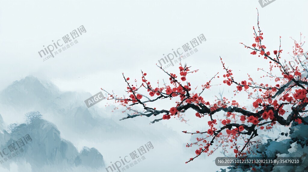 水墨红梅映远山