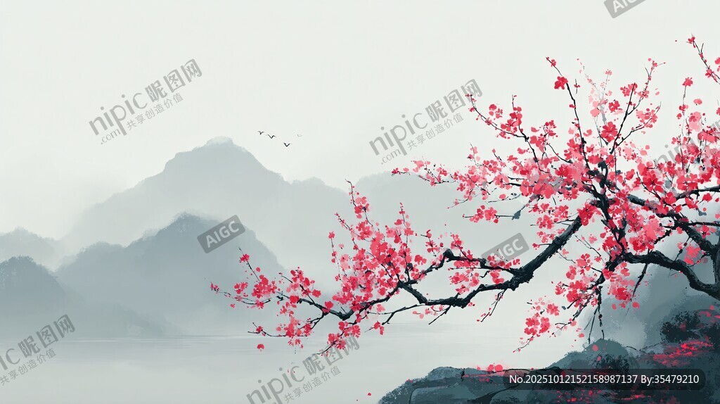 红梅映山景 雅致国风画