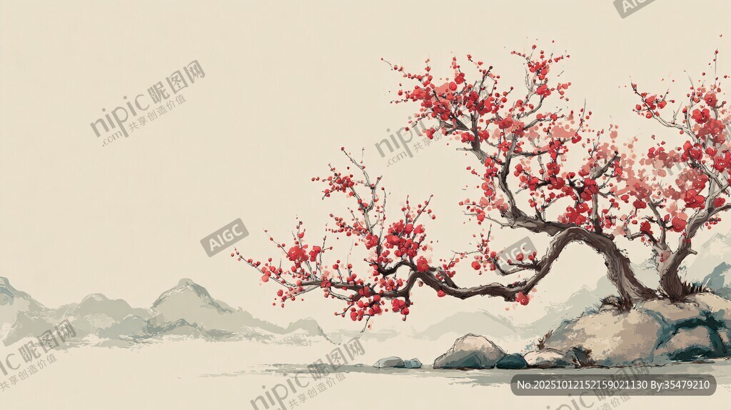 水墨红梅映远山