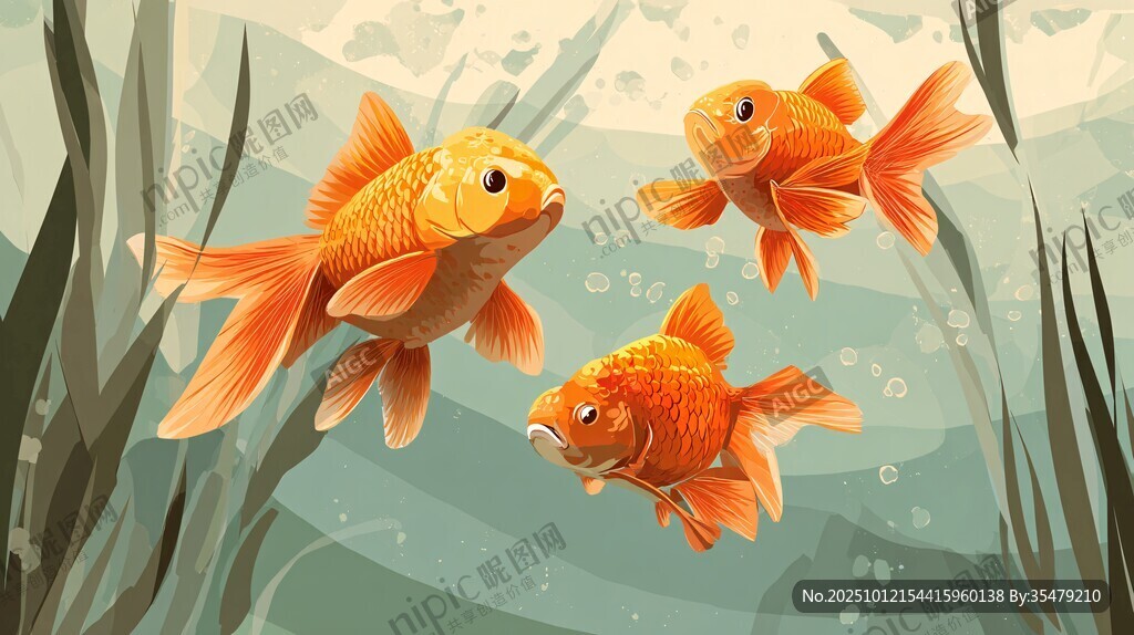 畅游的三只可爱小金鱼