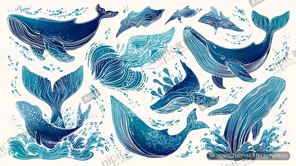 海洋鲸鱼插画图案集合