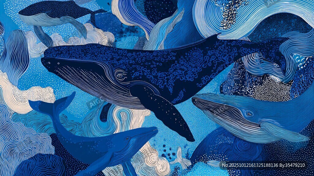 梦幻海洋中的鲸鱼群游